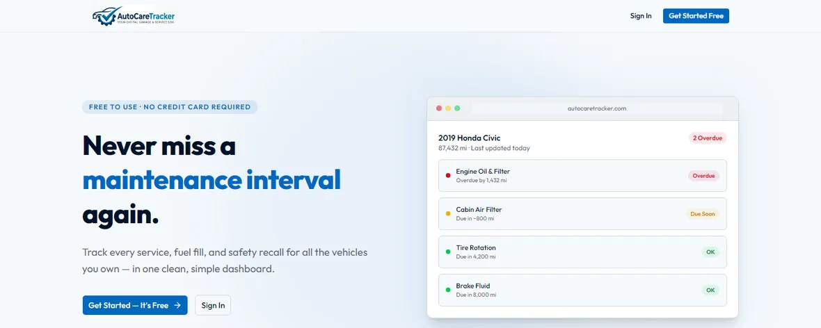 AutoCare Tracker maintenance dashboard